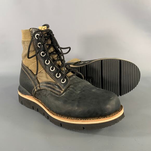 VISVIM Size 9.5 Black Olive Distressed Leather Canvas Lace Up Boots